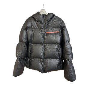 Prada XL Black Hooded Puffer Jacket With Graphene Padding Technology & Zipper Cl